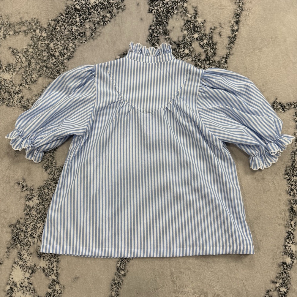 Pomander Place Blouse Womens Medium Blue White Stripe Puff Sleeve Ruffle Neck - Picture 2 of 9